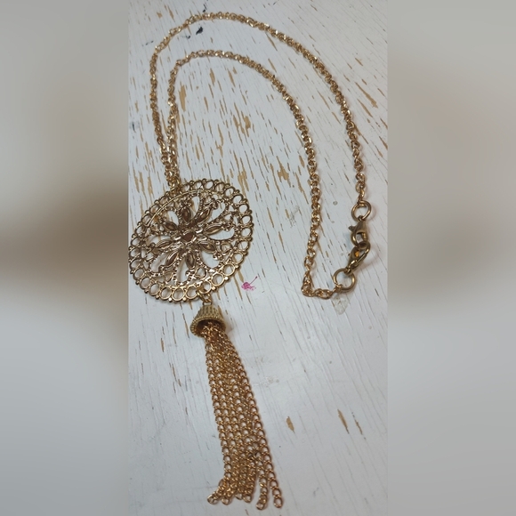 Single Gold Chain Long Necklace with Gold Sun Medallion Pendant & Tassel - Picture 8 of 8